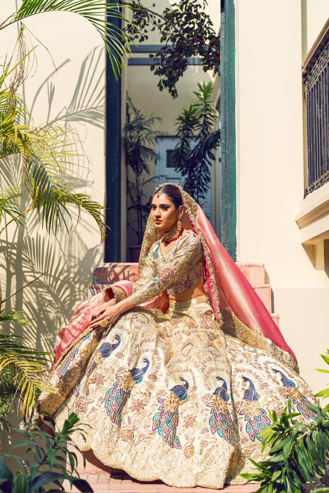 Pakistani Ivory Peacock Motif Silk Lehenga (3-Piece) - Image 3