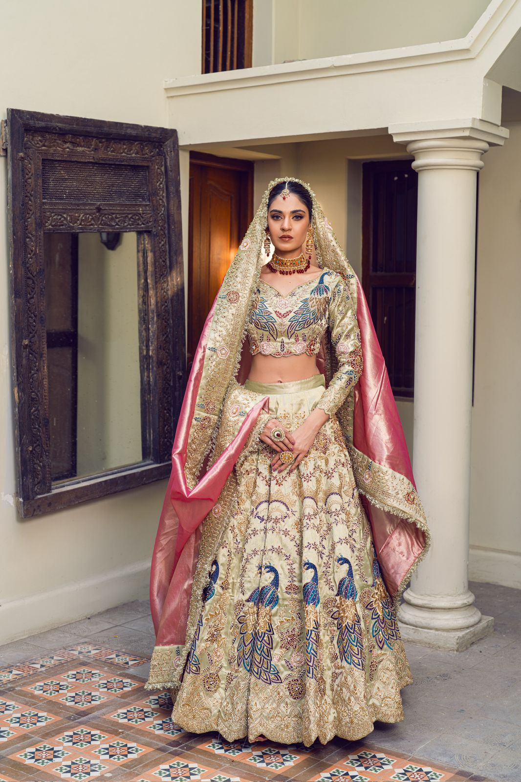 Pakistani Ivory Peacock Motif Silk Lehenga (3-Piece) - Image 4