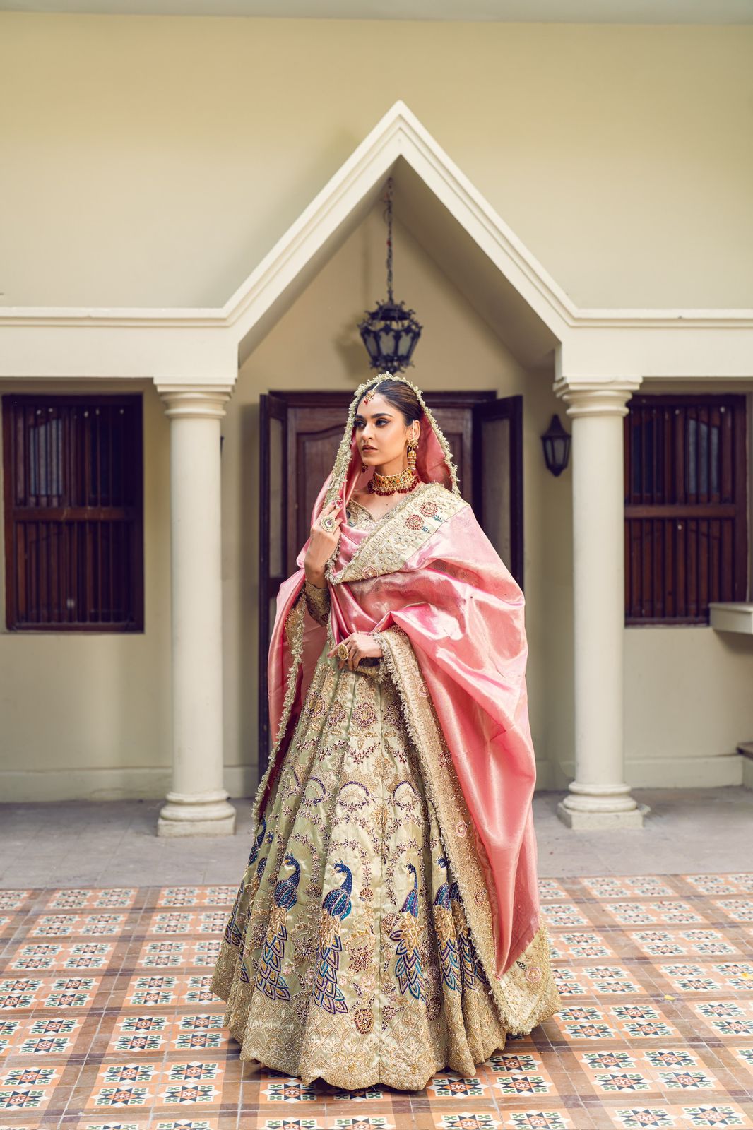 Pakistani Ivory Peacock Motif Silk Lehenga (3-Piece) - Image 5