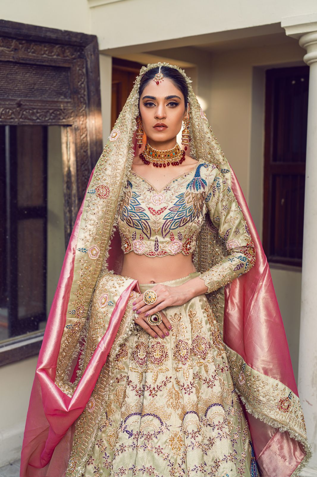 Pakistani Ivory Peacock Motif Silk Lehenga (3-Piece) - Image 6