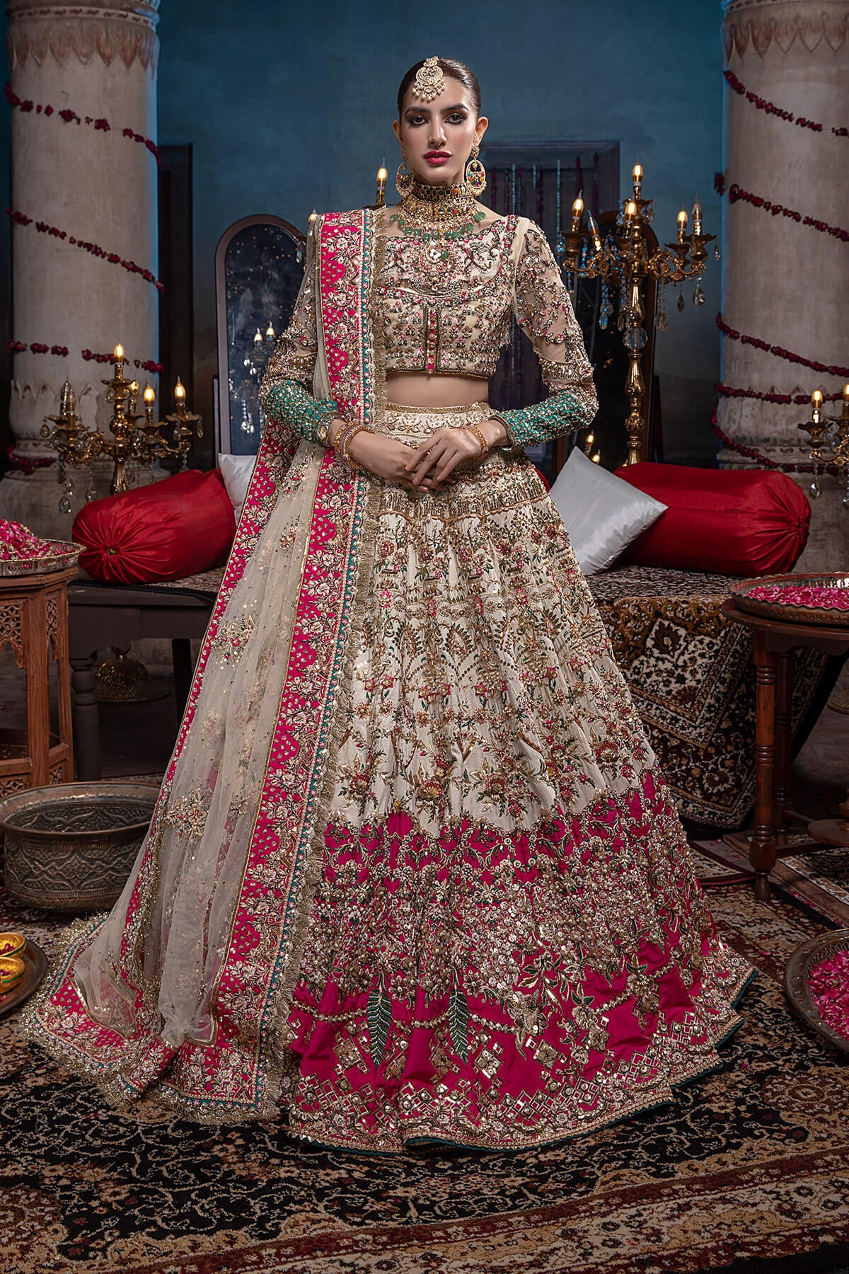 Pakistani Ivory & Fuchsia Zardozi Silk Net Lehenga (3-Piece) - Image 1