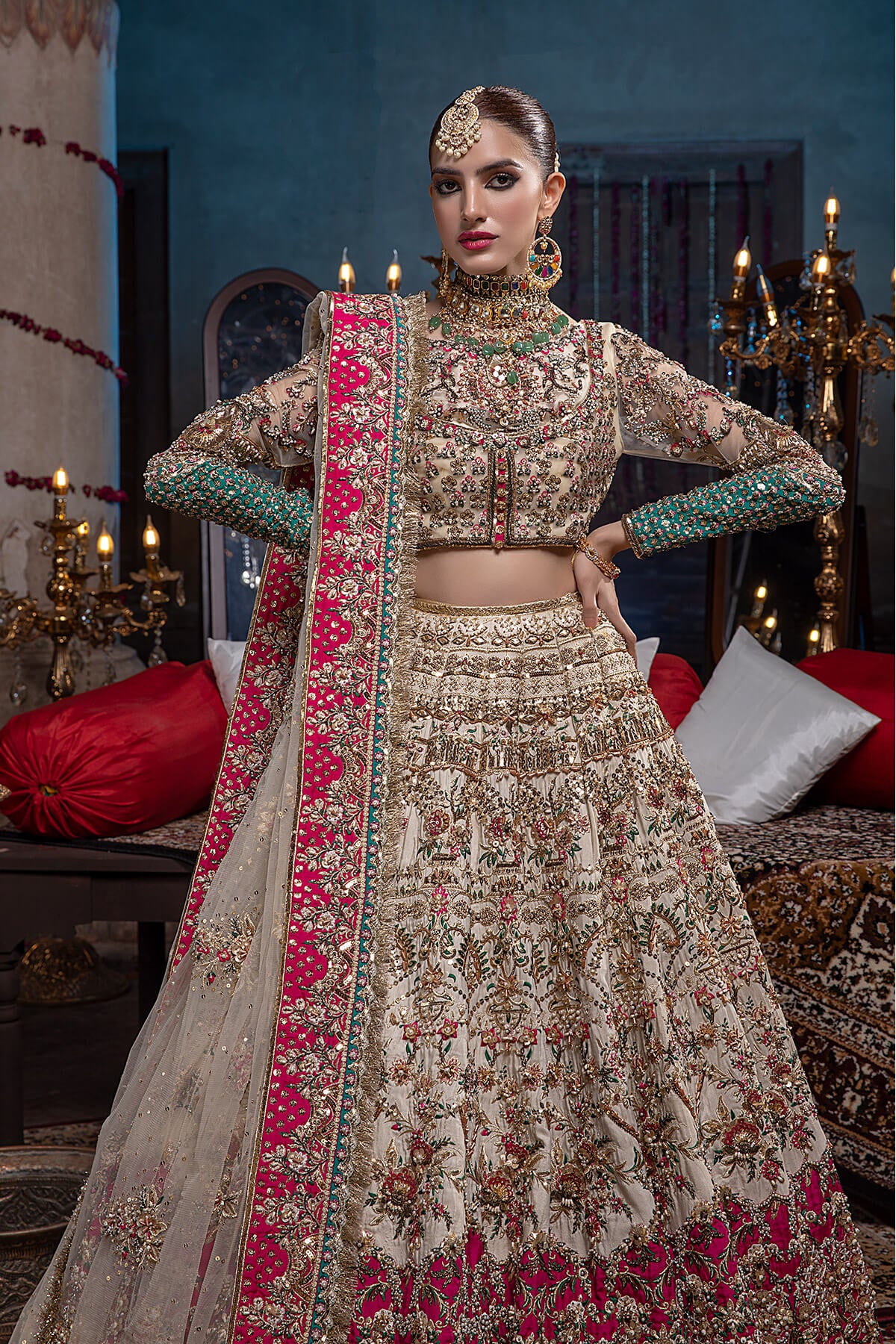 Pakistani Ivory & Fuchsia Zardozi Silk Net Lehenga (3-Piece) - Image 2
