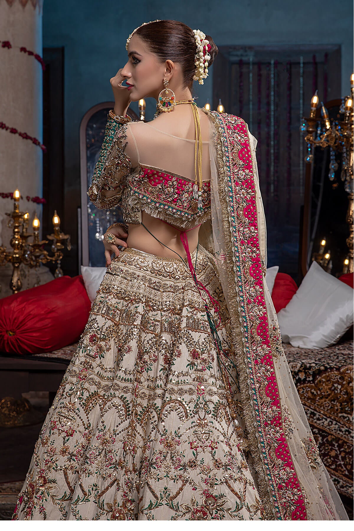 Pakistani Ivory & Fuchsia Zardozi Silk Net Lehenga (3-Piece) - Image 3
