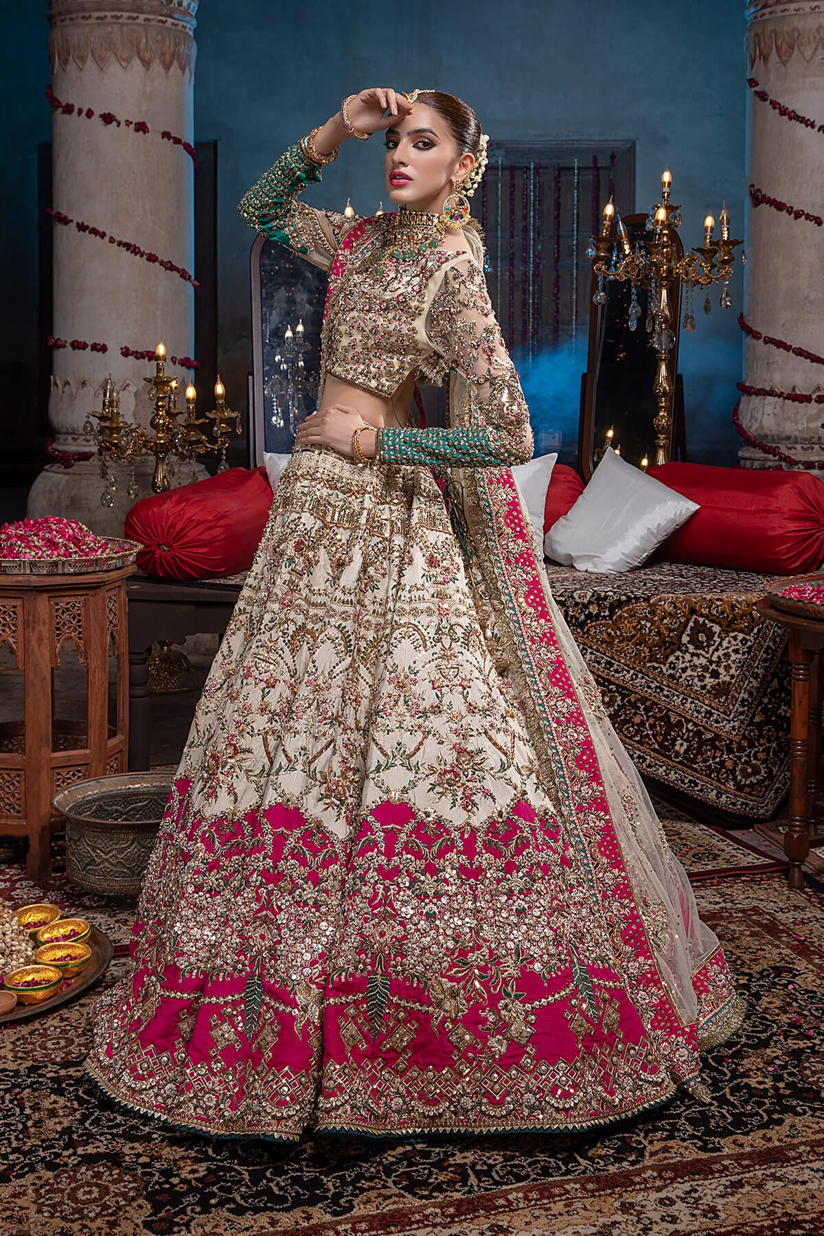Pakistani Ivory & Fuchsia Zardozi Silk Net Lehenga (3-Piece) - Image 4
