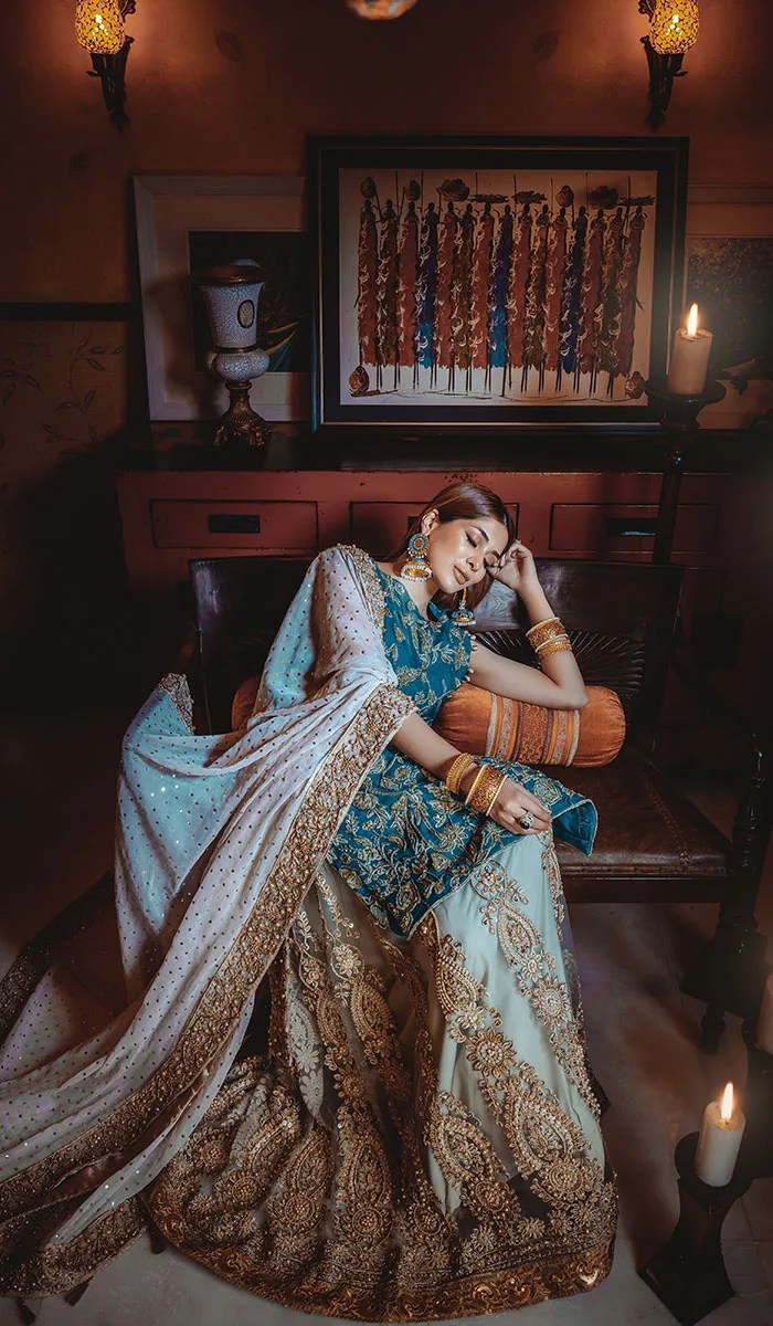 Pakistani Teal Ivory Embroidered Net Organza Bridal Lehenga (3-Piece) - Image 1