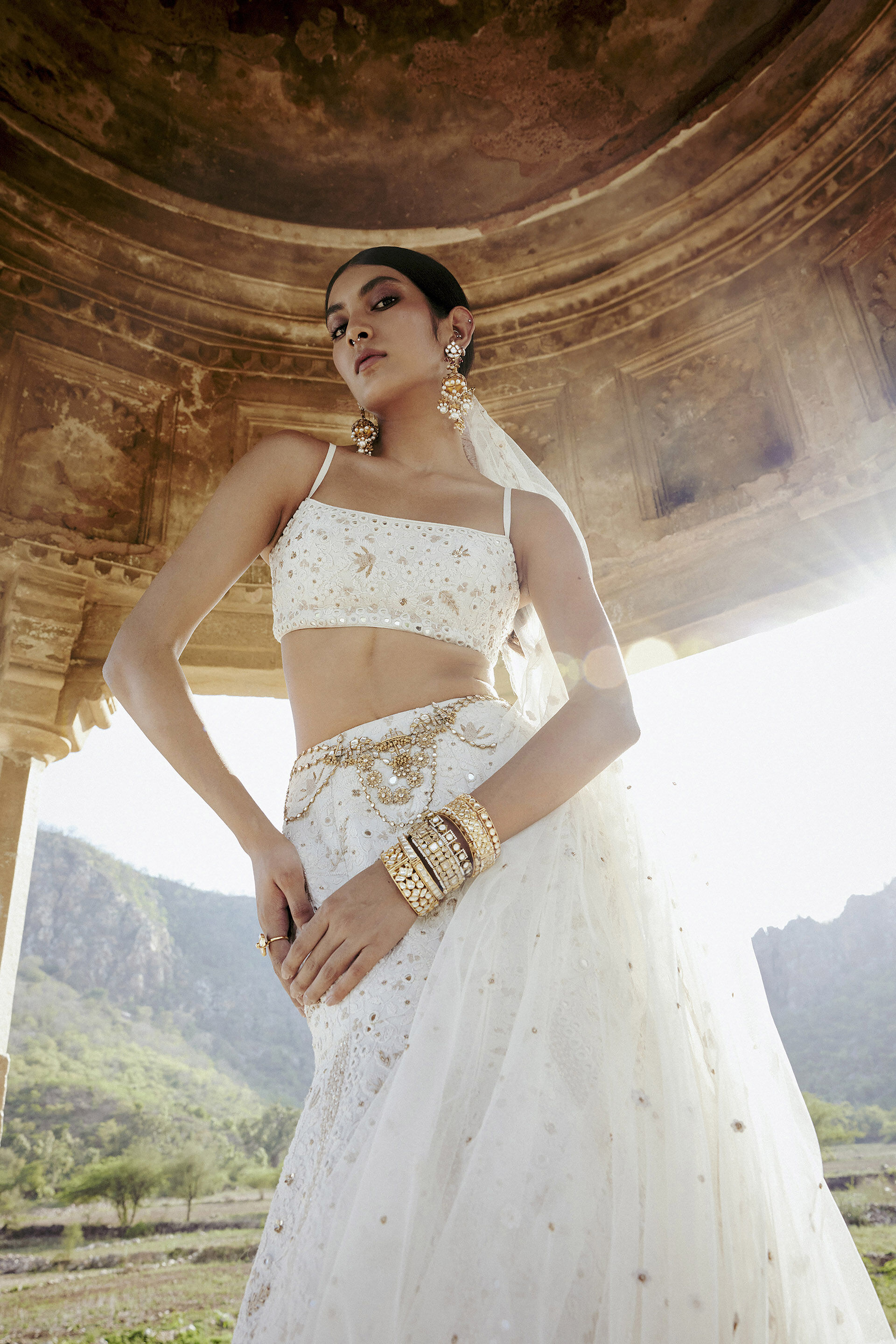 Indian Ivory Mirror & Zardozi Silk Lehenga (3-Piece) - Image 1