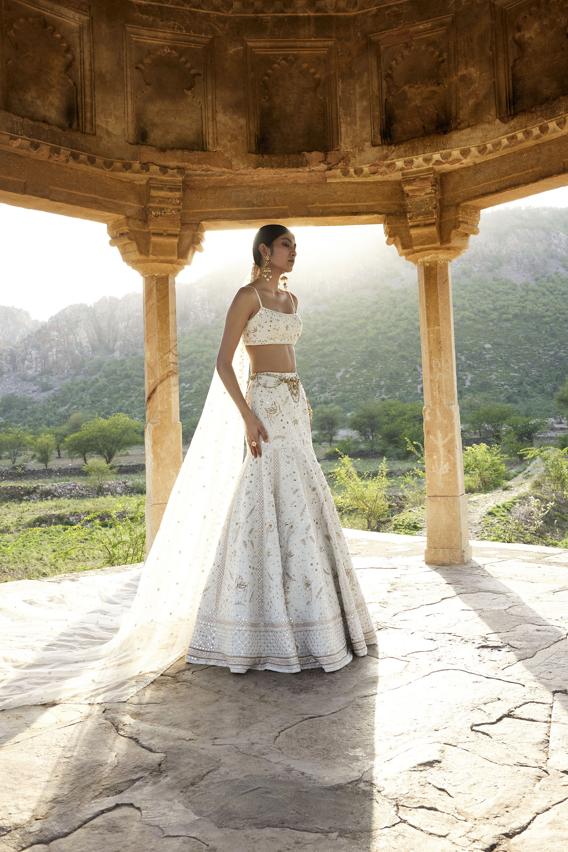 Indian Ivory Mirror & Zardozi Silk Lehenga (3-Piece) - Image 2