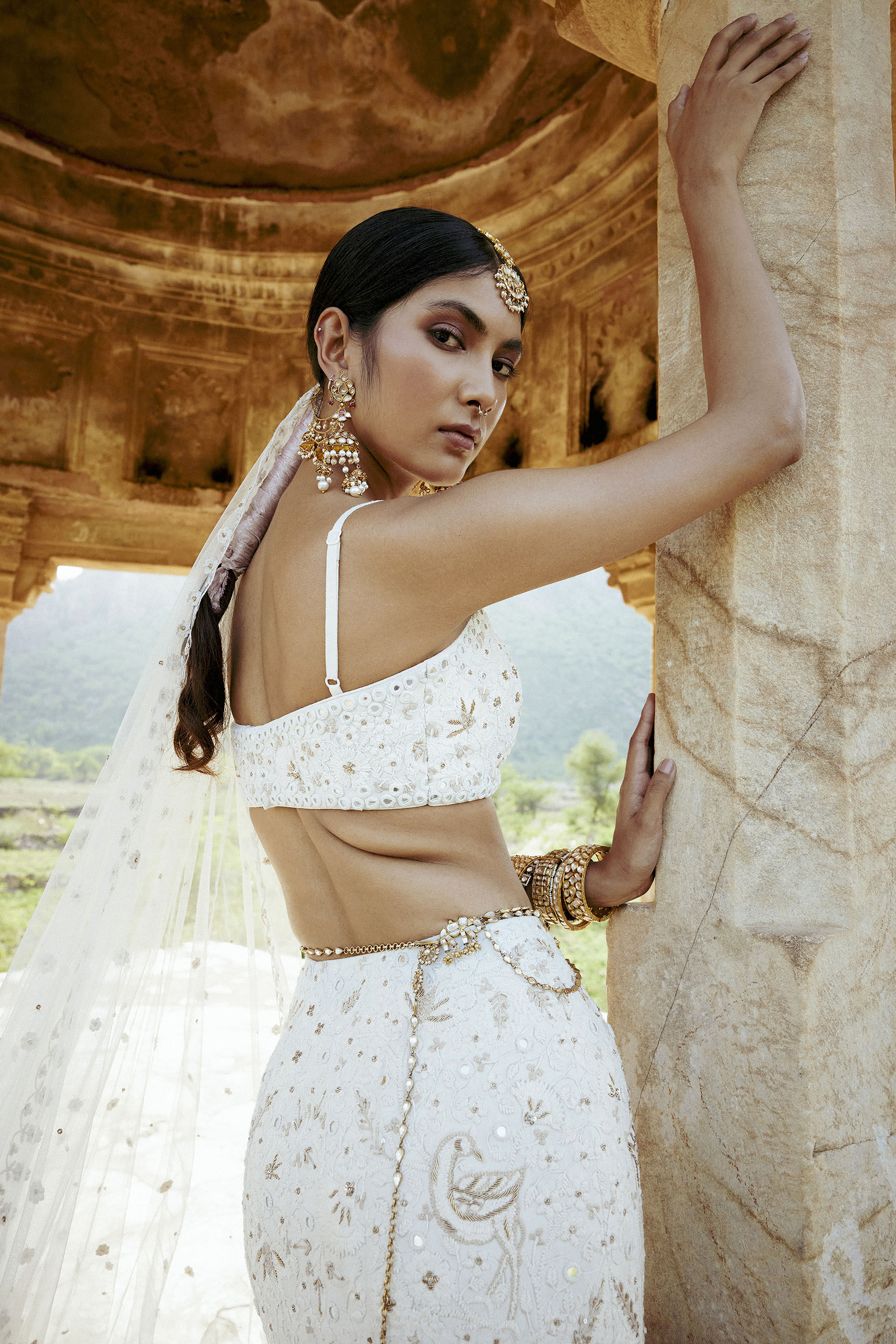 Indian Ivory Mirror & Zardozi Silk Lehenga (3-Piece) - Image 4