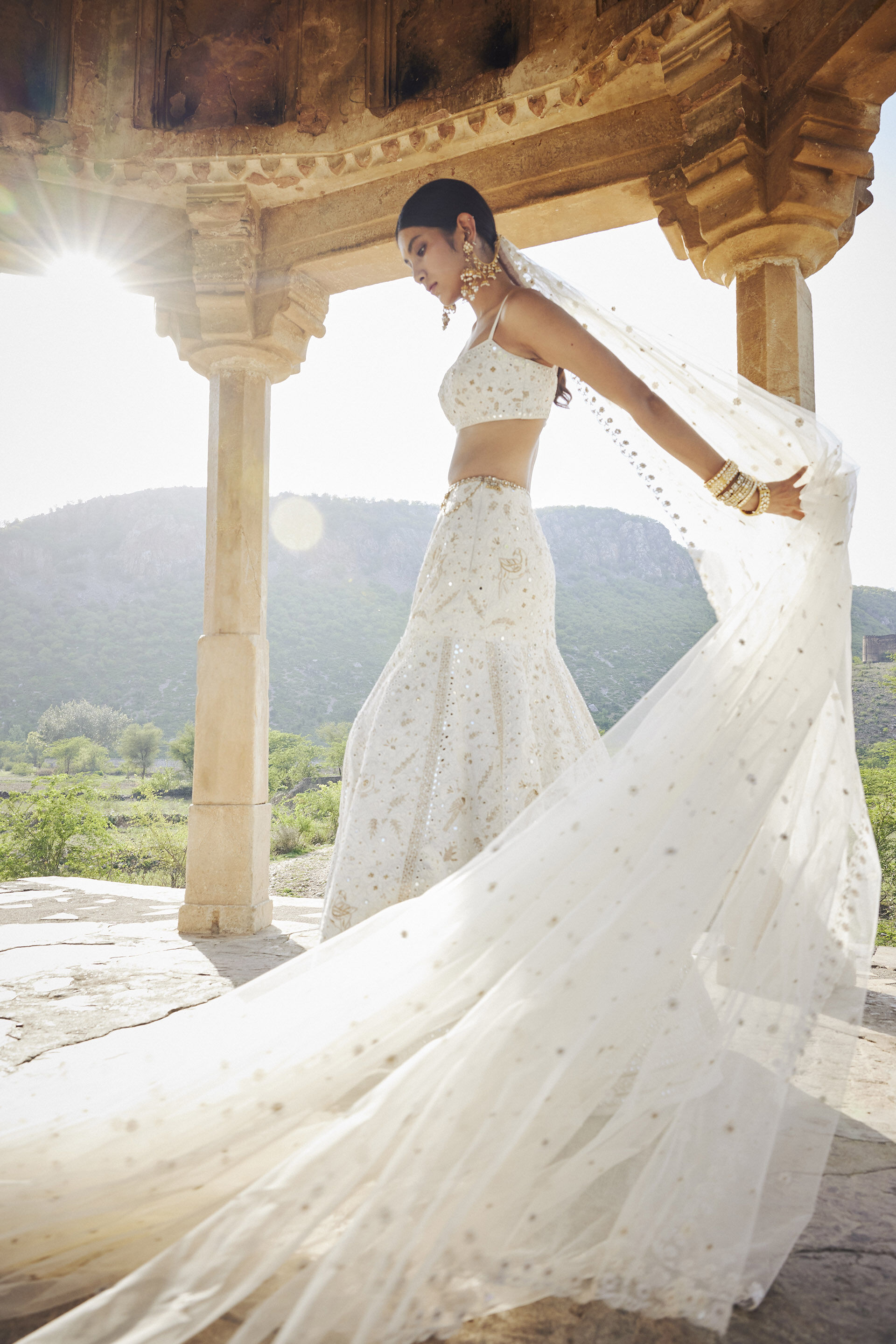 Indian Ivory Mirror & Zardozi Silk Lehenga (3-Piece) - Image 5