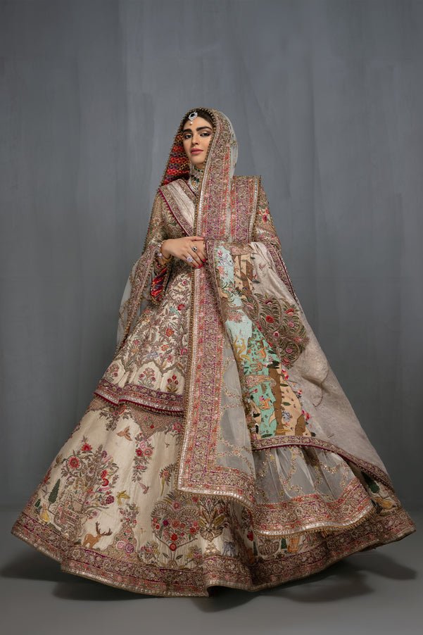 Pakistani Ivory Zardozi Silk Lehenga with Peplum Jacket (3-Piece) - Image 1
