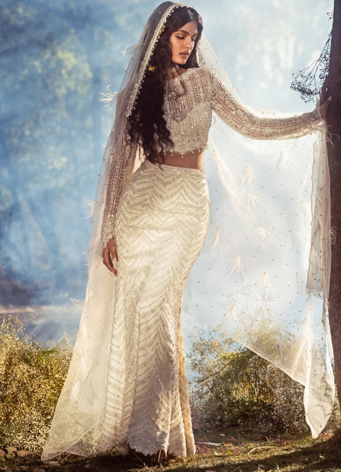 Pakistani Ivory Embellished Soft Net Mermaid Lehenga (3-Piece) - Image 2