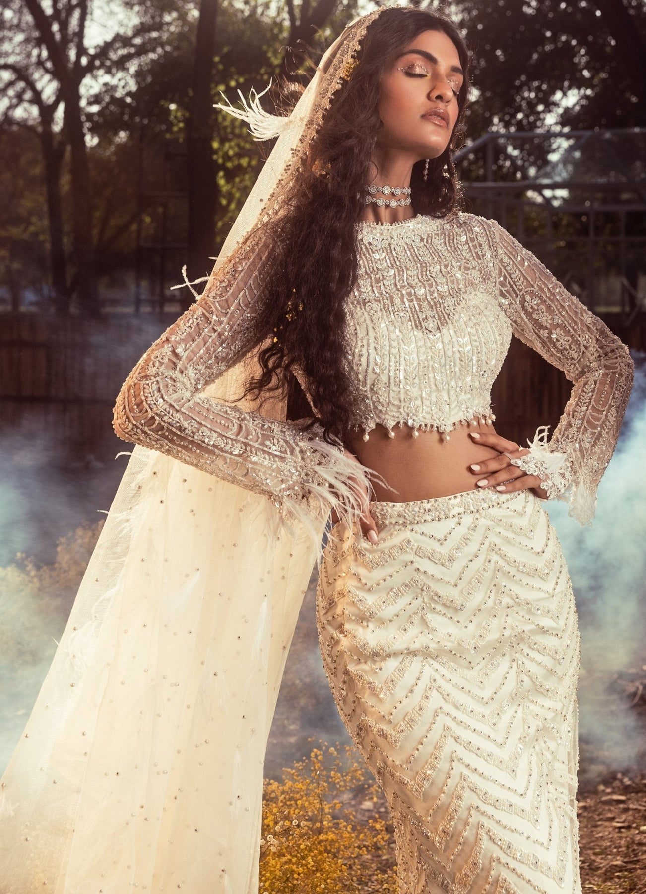 Pakistani Ivory Embellished Soft Net Mermaid Lehenga (3-Piece) - Image 3