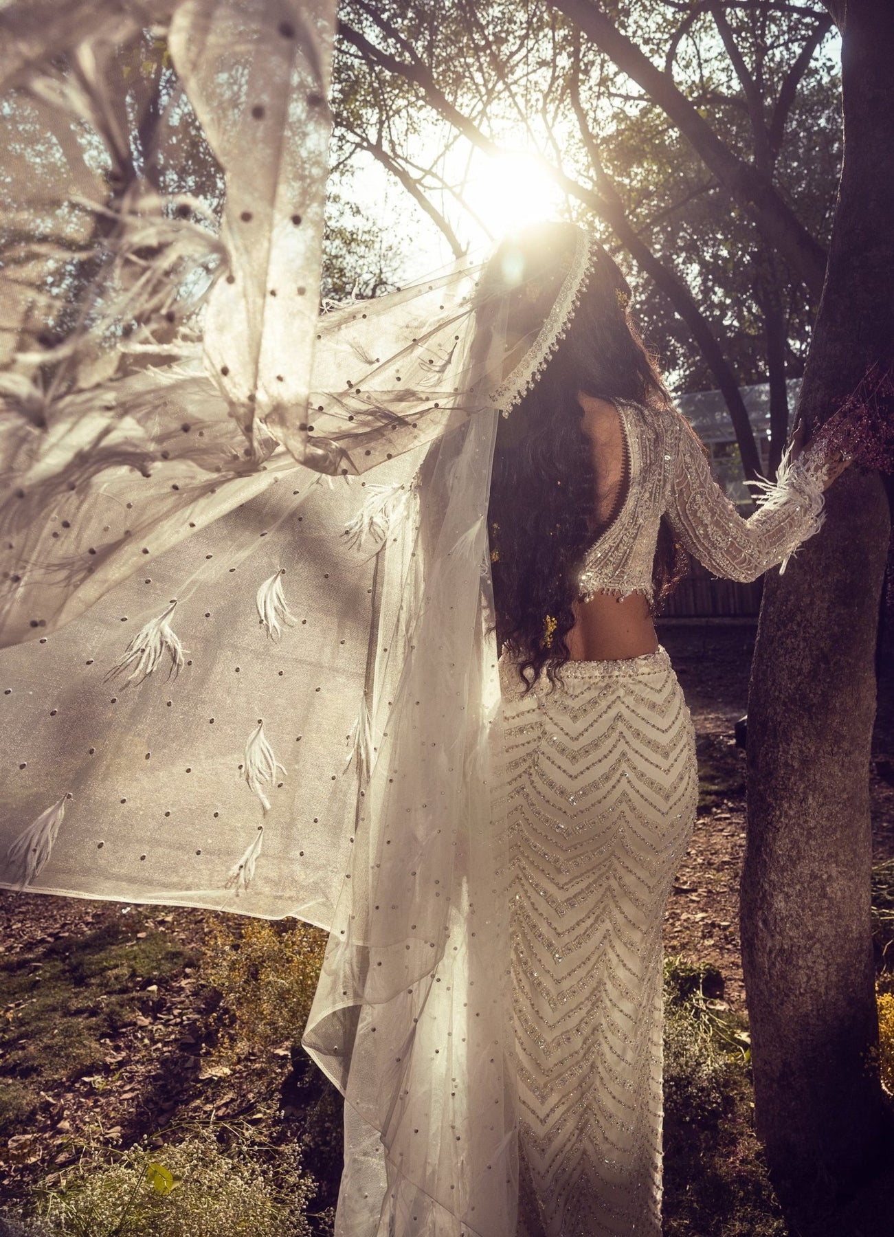 Pakistani Ivory Embellished Soft Net Mermaid Lehenga (3-Piece) - Image 4