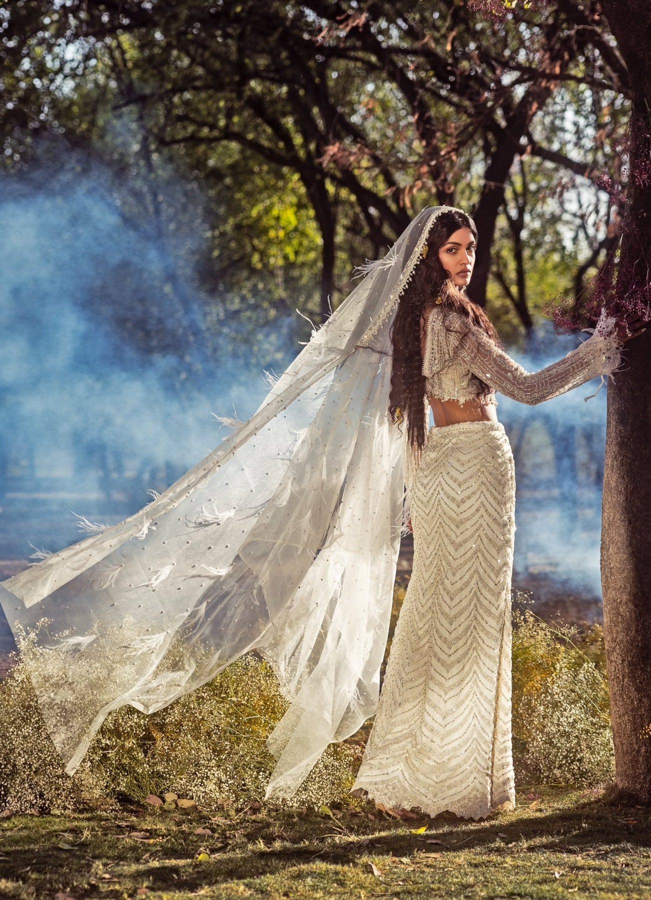 Pakistani Ivory Embellished Soft Net Mermaid Lehenga (3-Piece) - Image 5