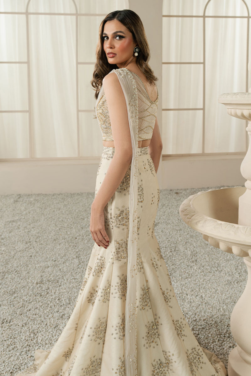 Pakistani Ivory Gold Embellished ST Silk Fish-Cut Lehenga (3-Piece) - Image 10
