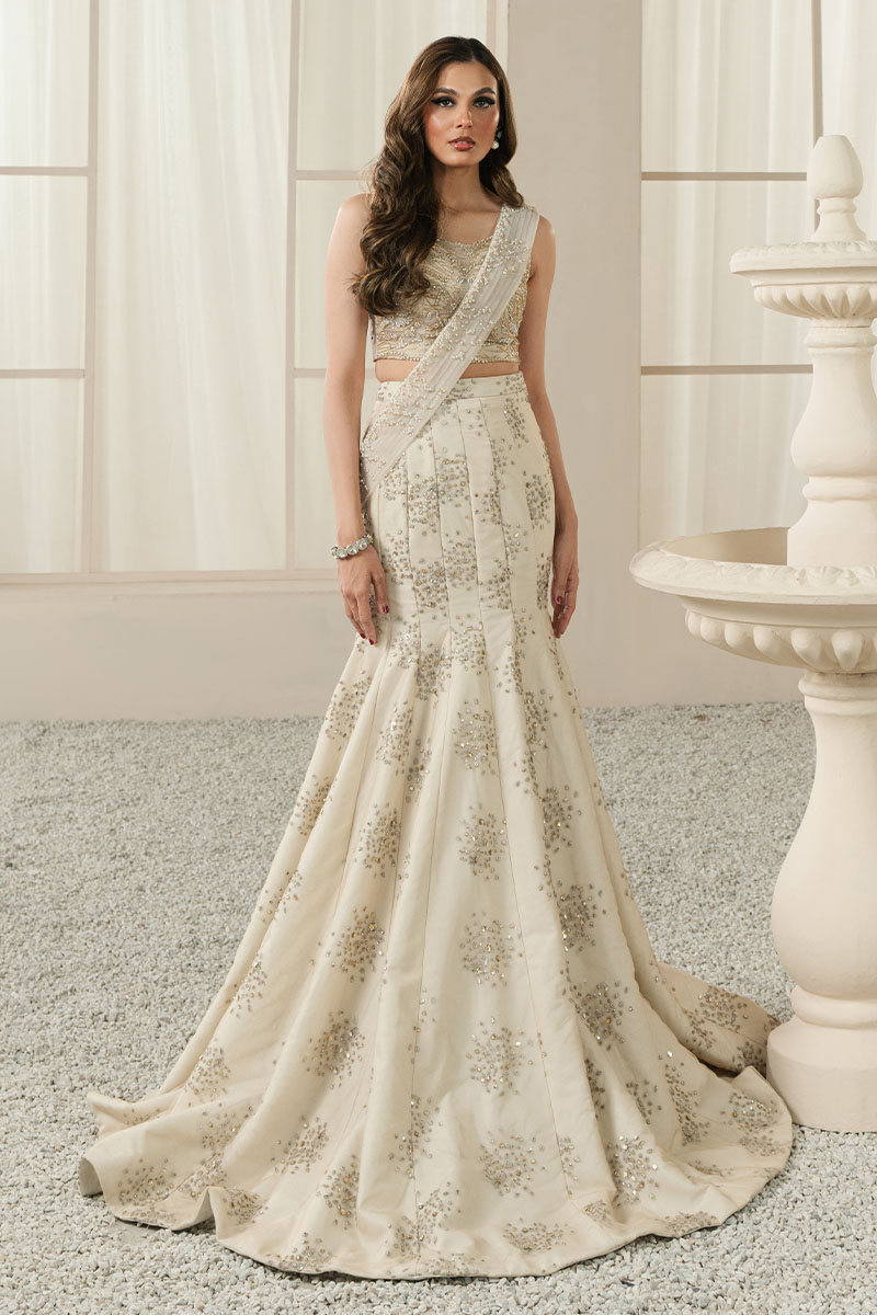 Pakistani Ivory Gold Embellished ST Silk Fish-Cut Lehenga (3-Piece) - Image 2