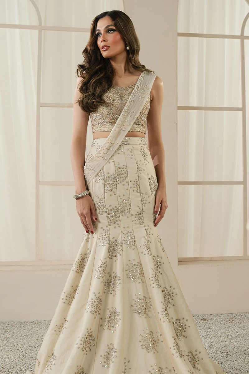Pakistani Ivory Gold Embellished ST Silk Fish-Cut Lehenga (3-Piece) - Image 3