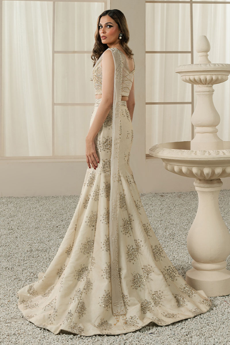 Pakistani Ivory Gold Embellished ST Silk Fish-Cut Lehenga (3-Piece) - Image 8