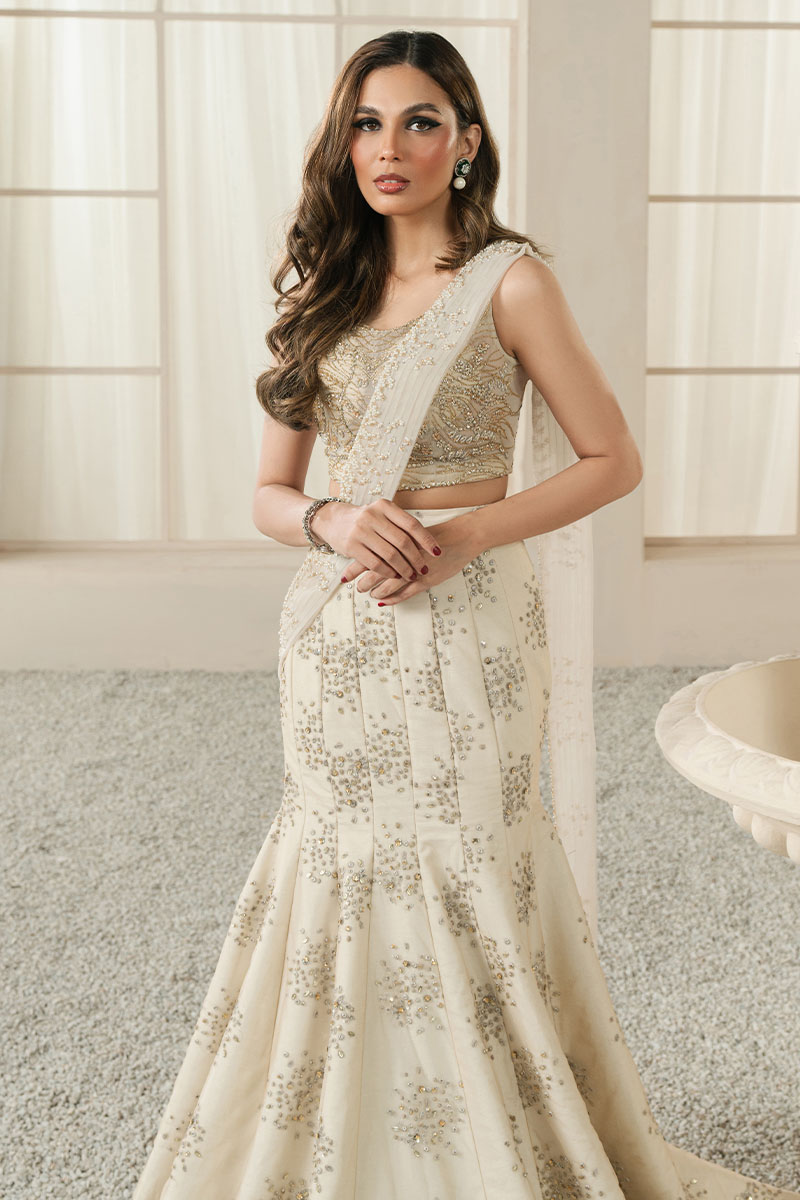 Pakistani Ivory Gold Embellished ST Silk Fish-Cut Lehenga (3-Piece) - Image 9