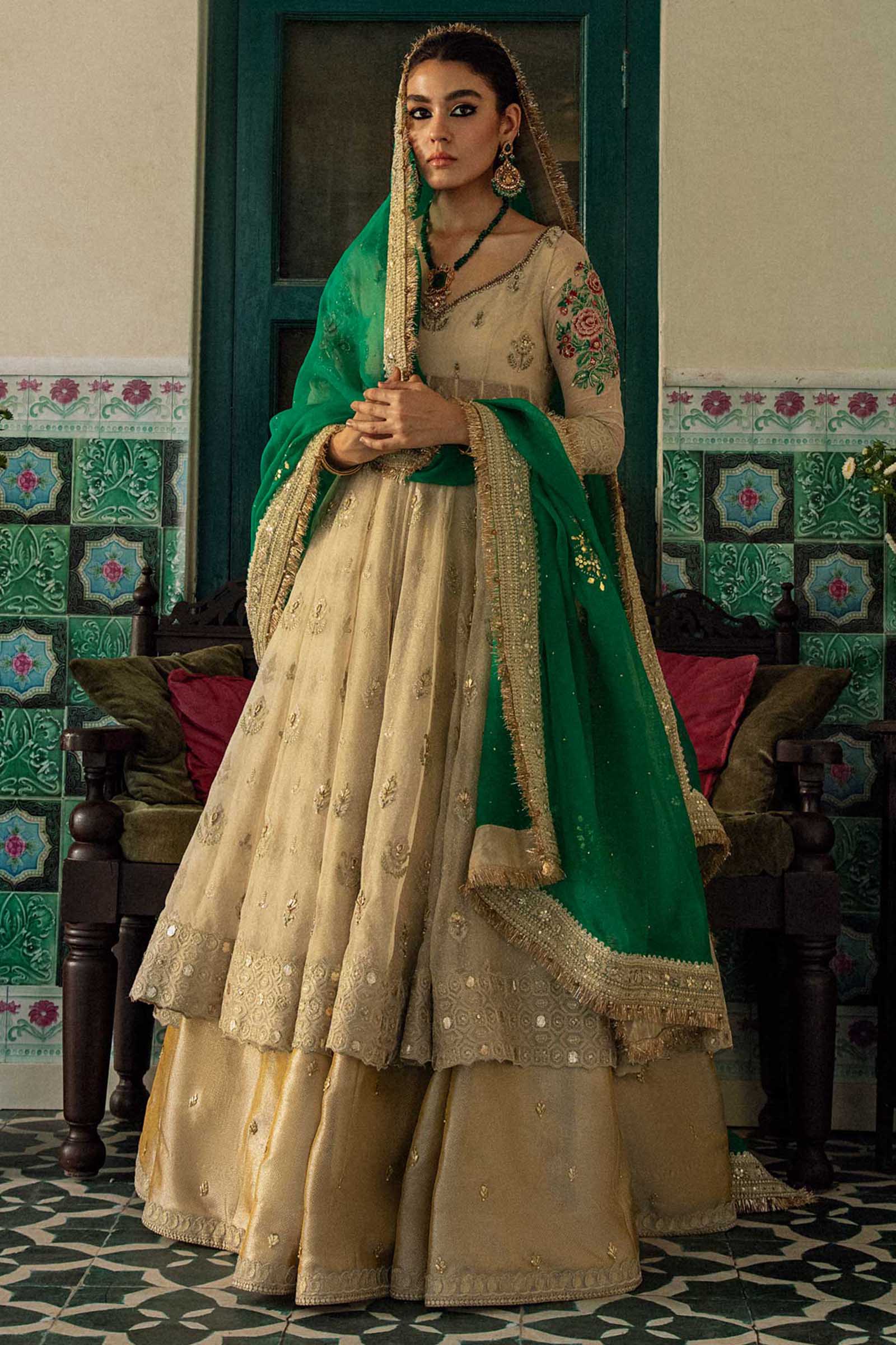 Pakistani Ivory Gota Embroidered Woven Peshwaz Dress (3-Piece) - Image 1