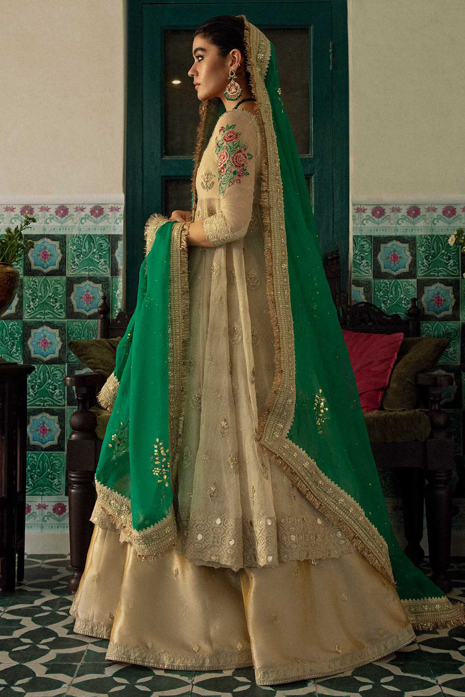 Pakistani Ivory Gota Embroidered Woven Peshwaz Dress (3-Piece) - Image 2