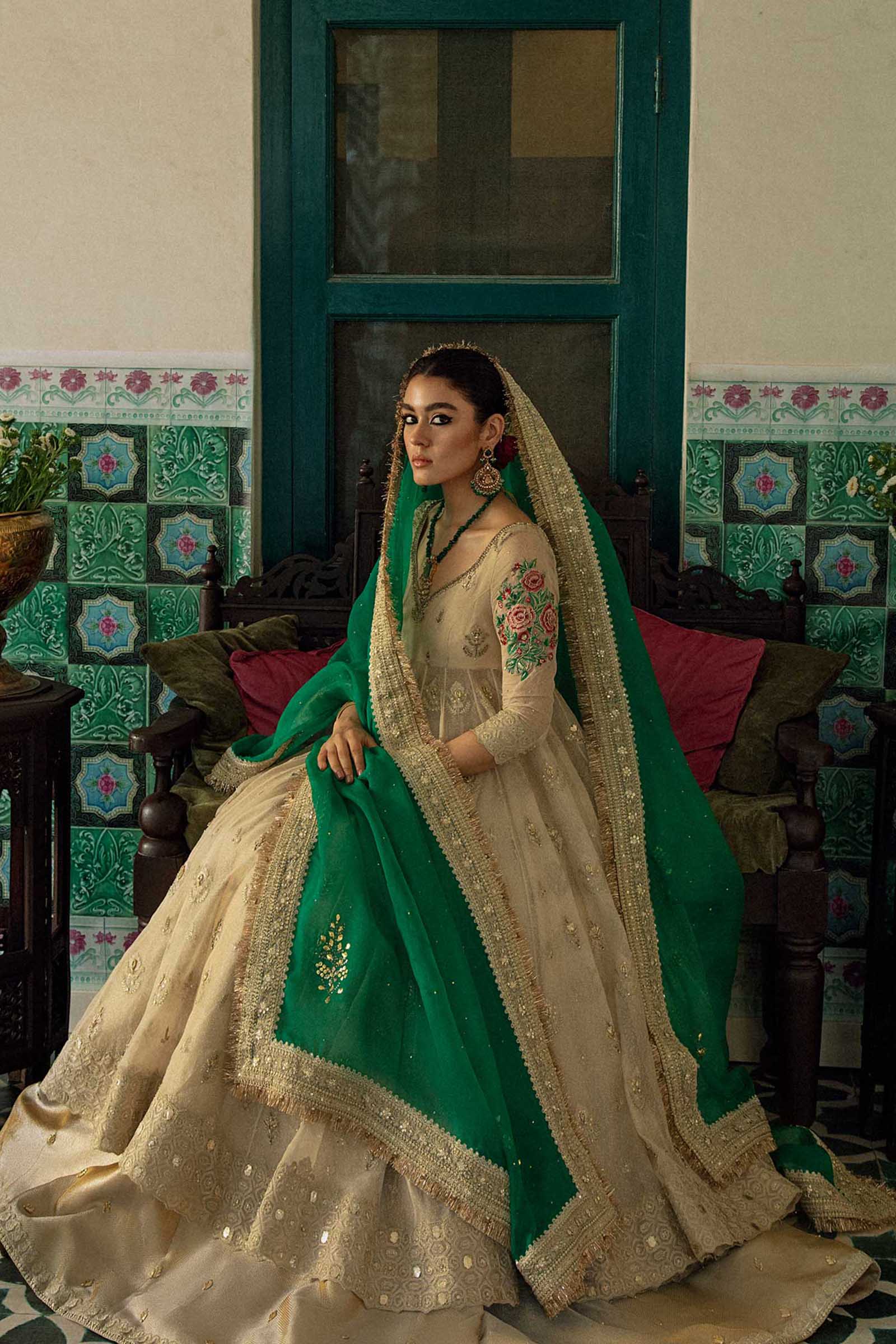 Pakistani Ivory Gota Embroidered Woven Peshwaz Dress (3-Piece) - Image 3