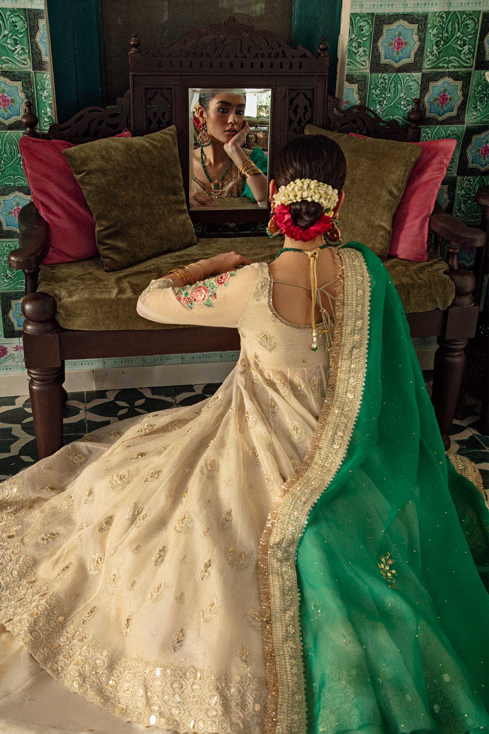 Pakistani Ivory Gota Embroidered Woven Peshwaz Dress (3-Piece) - Image 4