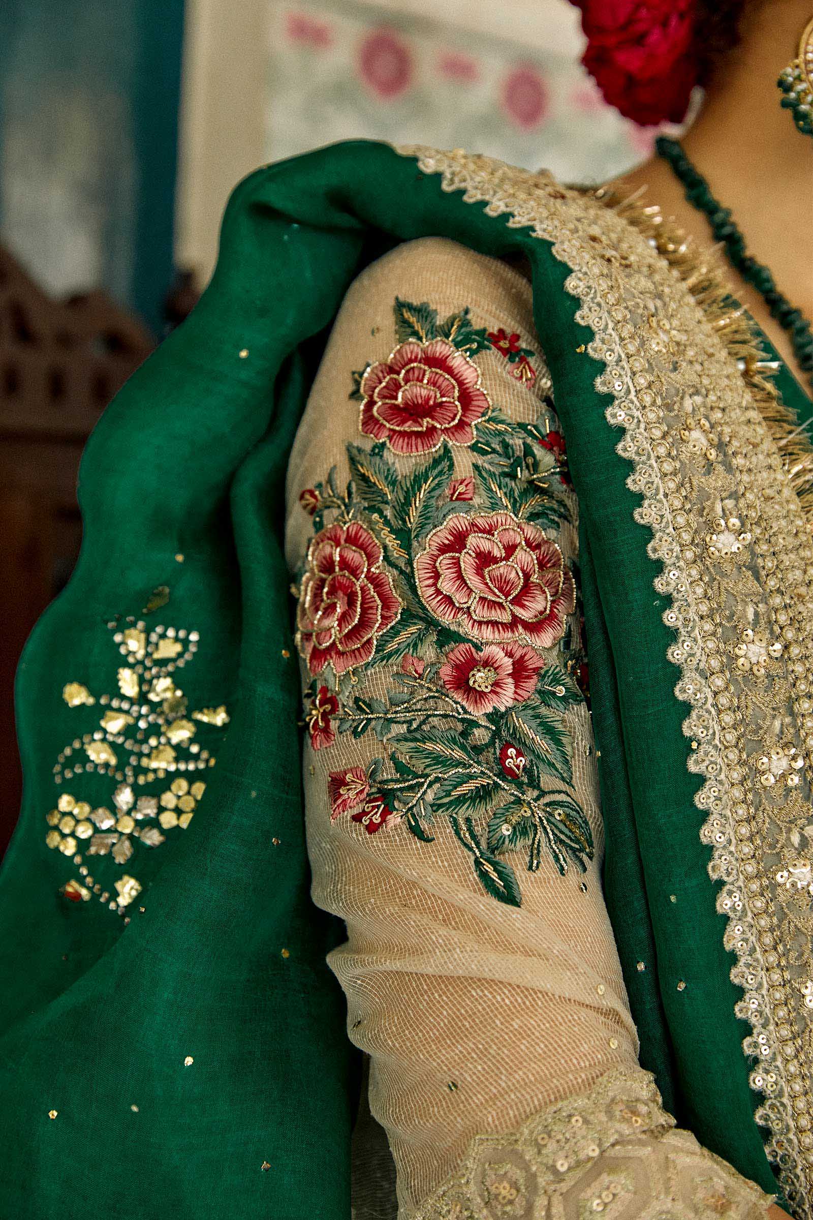 Pakistani Ivory Gota Embroidered Woven Peshwaz Dress (3-Piece) - Image 6