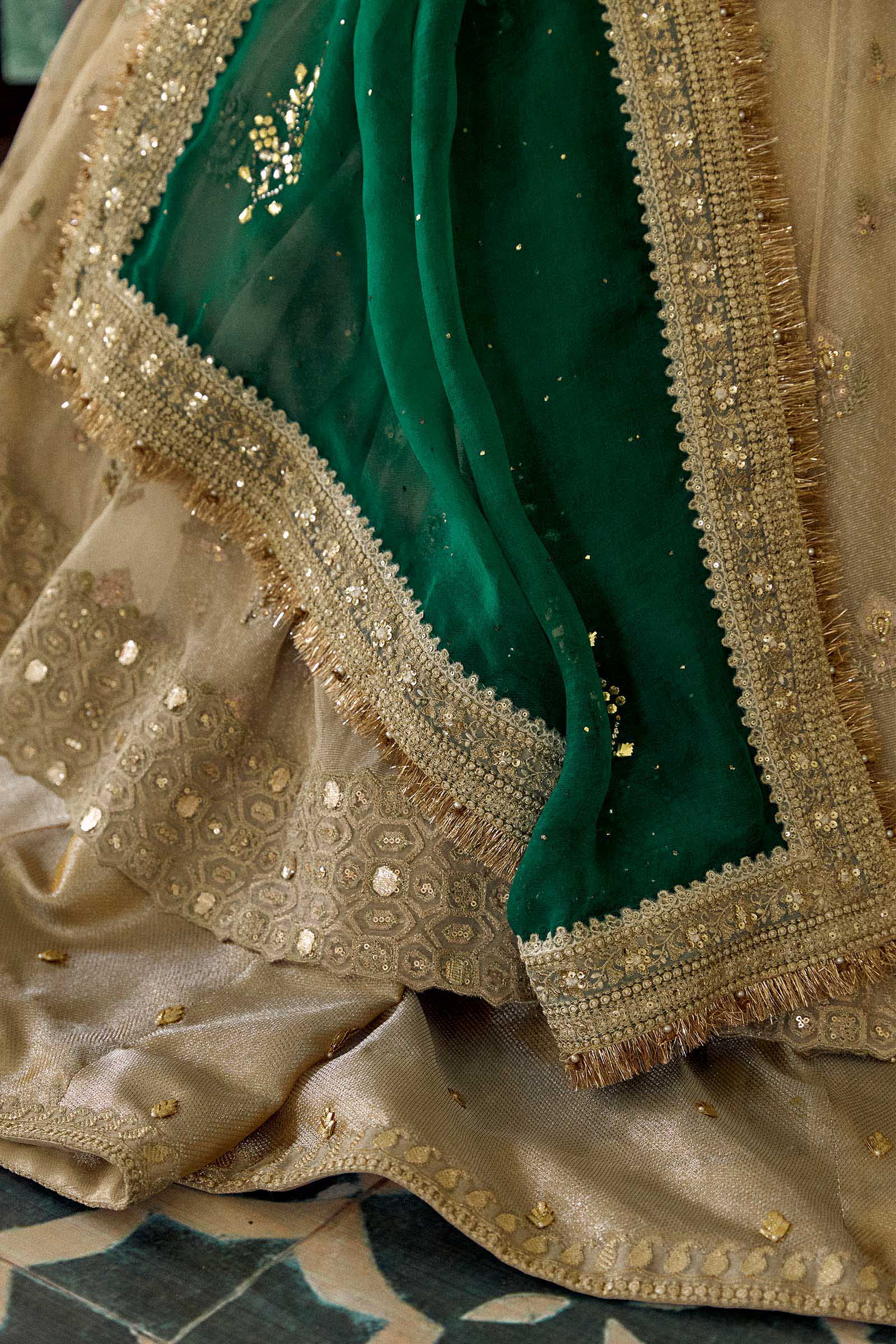 Pakistani Ivory Gota Embroidered Woven Peshwaz Dress (3-Piece) - Image 8