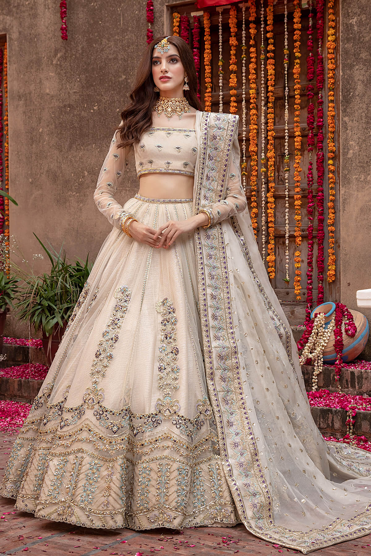 Pakistani Ivory Hand Zardozi Tissue & Net Lehenga (3-Piece) - Image 1