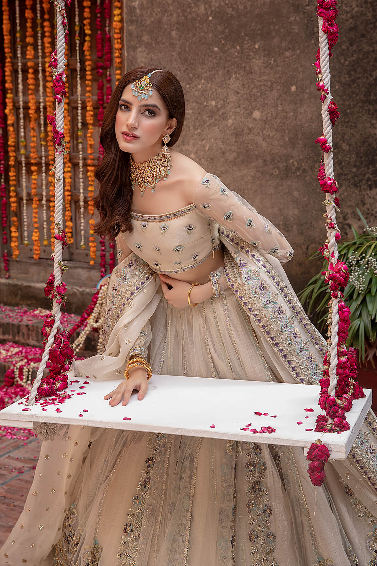 Pakistani Ivory Hand Zardozi Tissue & Net Lehenga (3-Piece) - Image 2