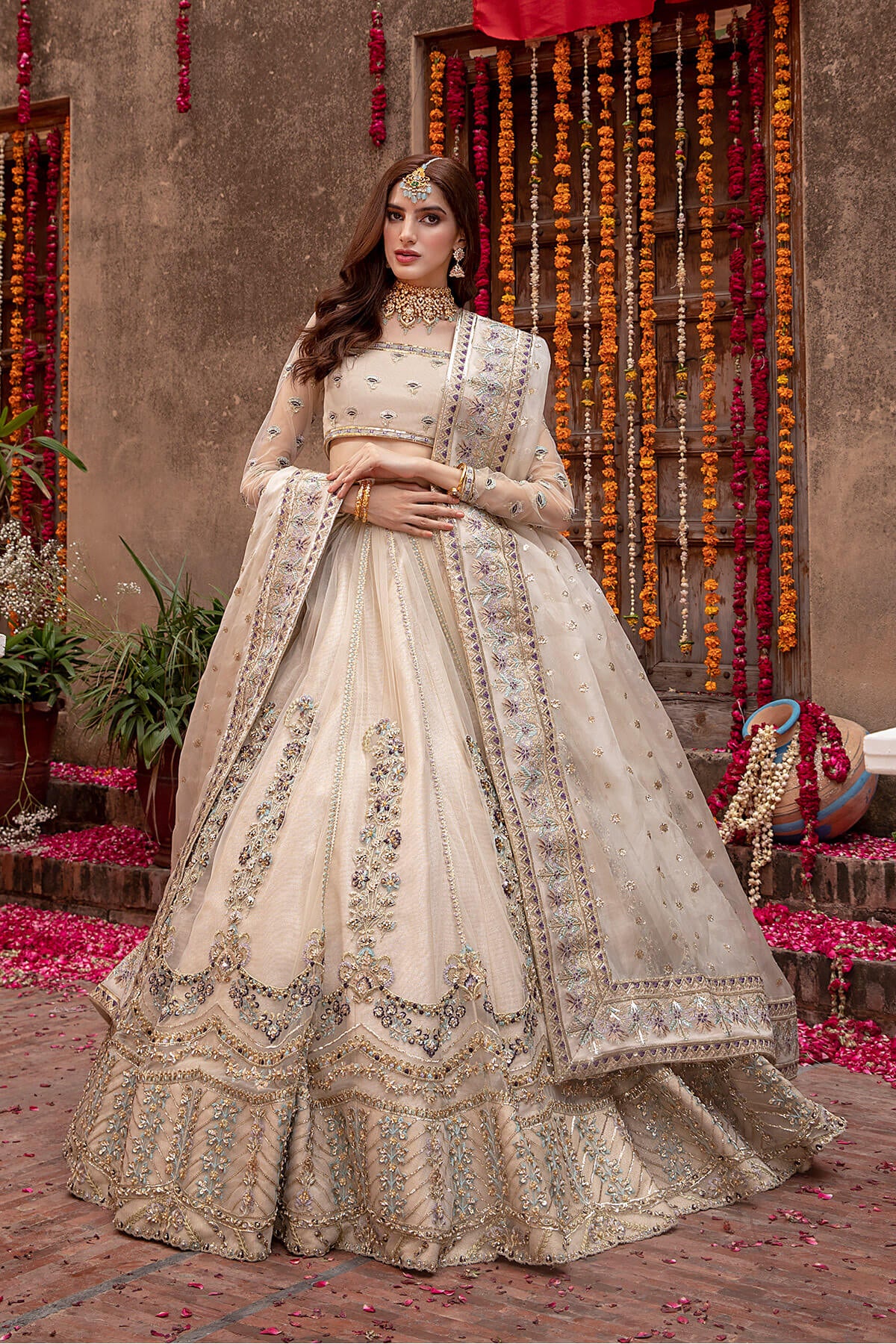 Pakistani Ivory Hand Zardozi Tissue & Net Lehenga (3-Piece) - Image 3