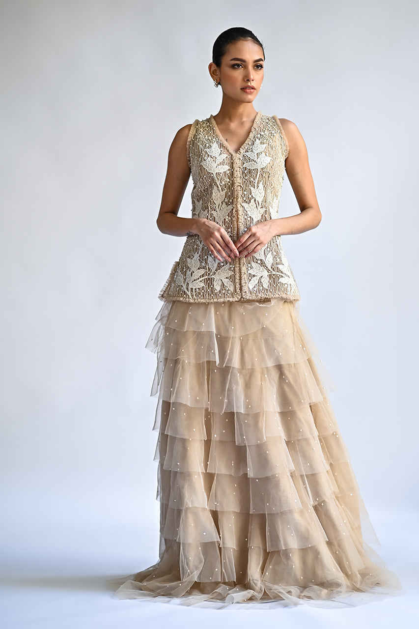 Ivory Embroidered Tissue & Net Lehenga (2-Piece) - Image 1