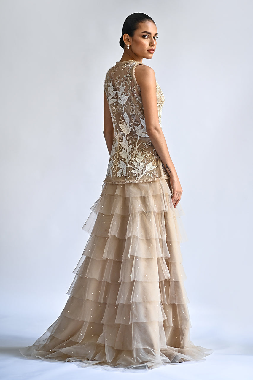 Ivory Embroidered Tissue & Net Lehenga (2-Piece) - Image 2