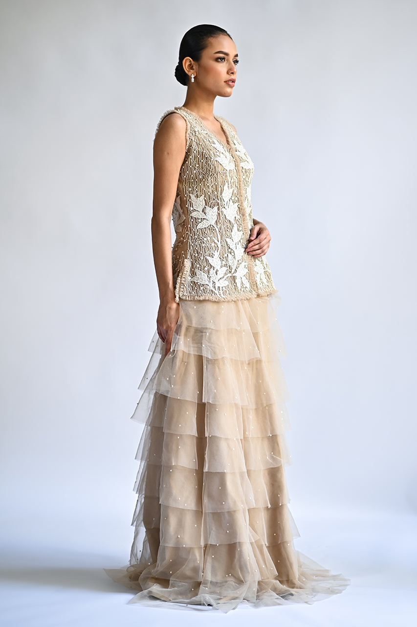 Ivory Embroidered Tissue & Net Lehenga (2-Piece) - Image 3