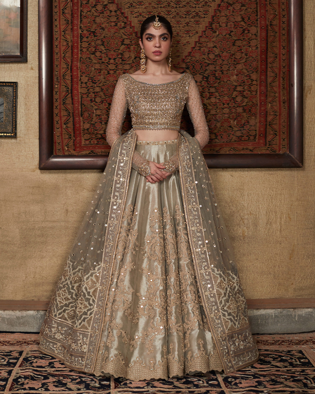 Pakistani Ivory Sheesha & Pita Work Chiffon Tissue Lehenga Choli (3-Piece) - Image 1