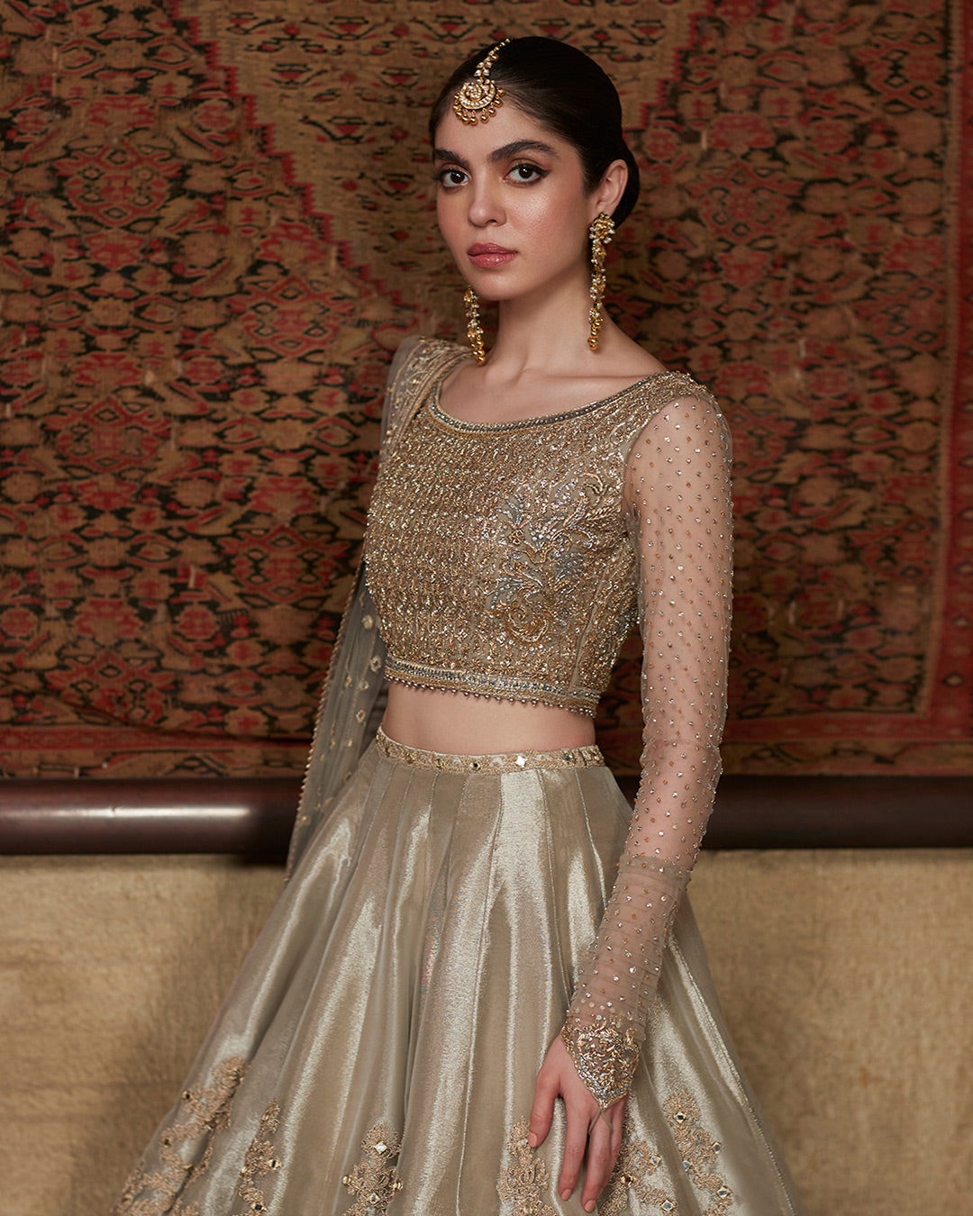 Pakistani Ivory Sheesha & Pita Work Chiffon Tissue Lehenga Choli (3-Piece) - Image 2