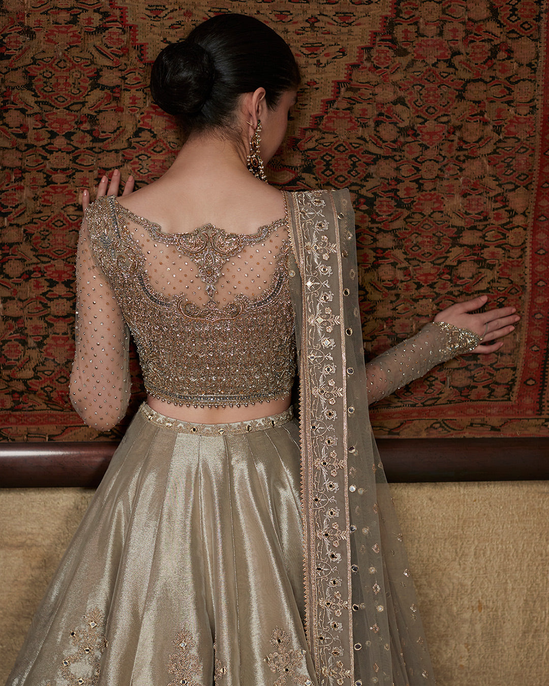 Pakistani Ivory Sheesha & Pita Work Chiffon Tissue Lehenga Choli (3-Piece) - Image 4