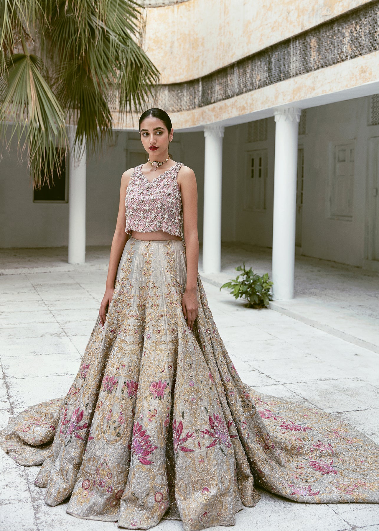 Pakistani Ivory Silver Tissue Lehenga with Pink Lotus Embroidery (3-Piece) - Image 2