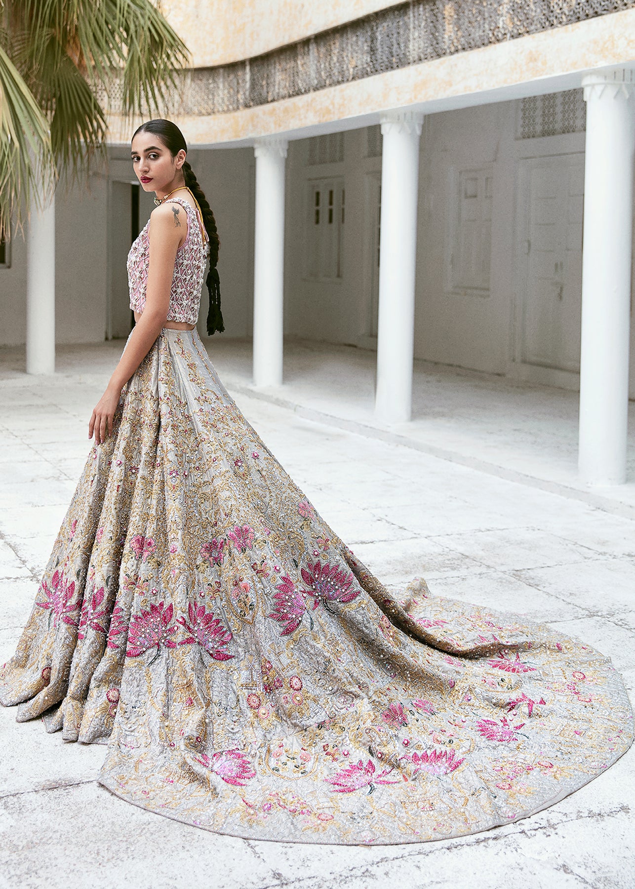 Pakistani Ivory Silver Tissue Lehenga with Pink Lotus Embroidery (3-Piece) - Image 3