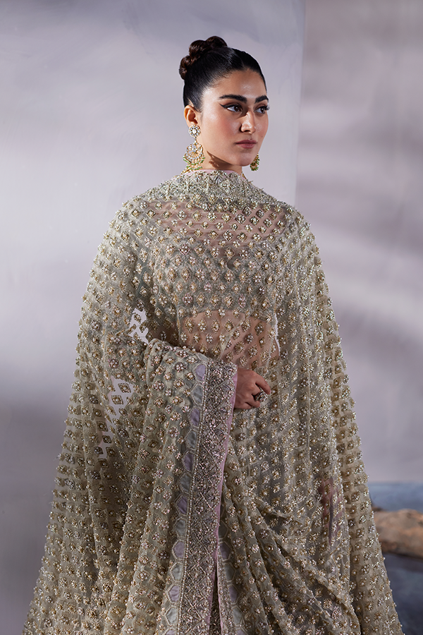 Off-White Embroidered Tissue Bridal Lehenga (3-Piece) - Image 2