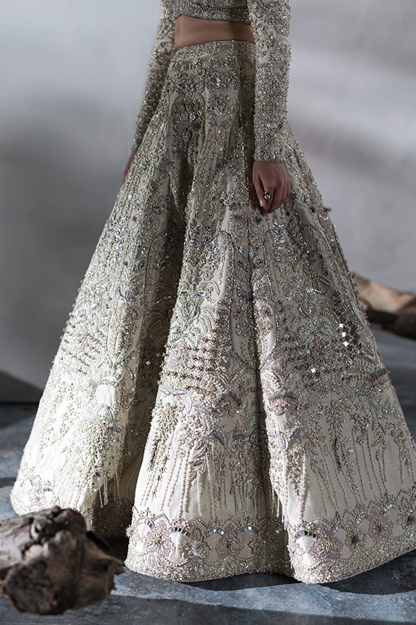 Off-White Embroidered Tissue Bridal Lehenga (3-Piece) - Image 3