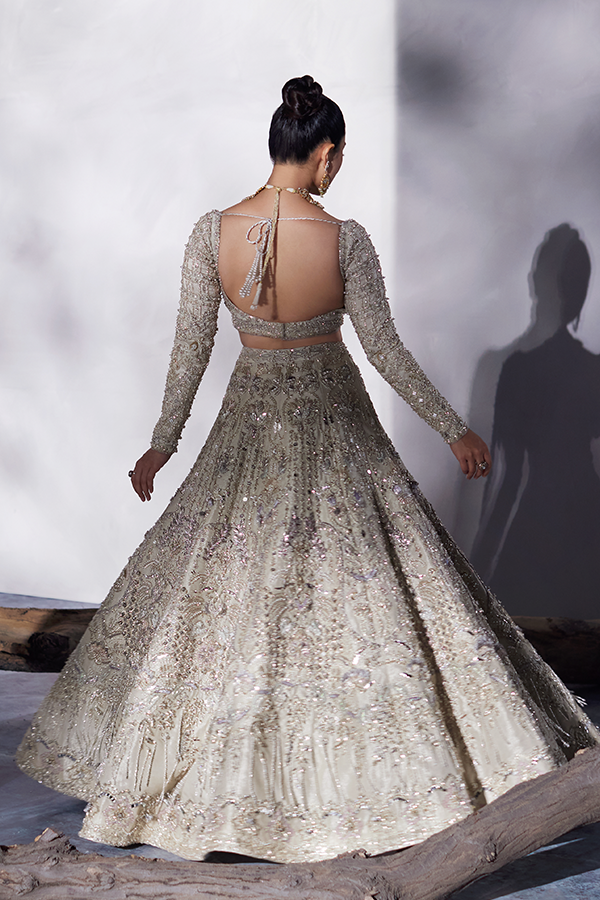 Off-White Embroidered Tissue Bridal Lehenga (3-Piece) - Image 4