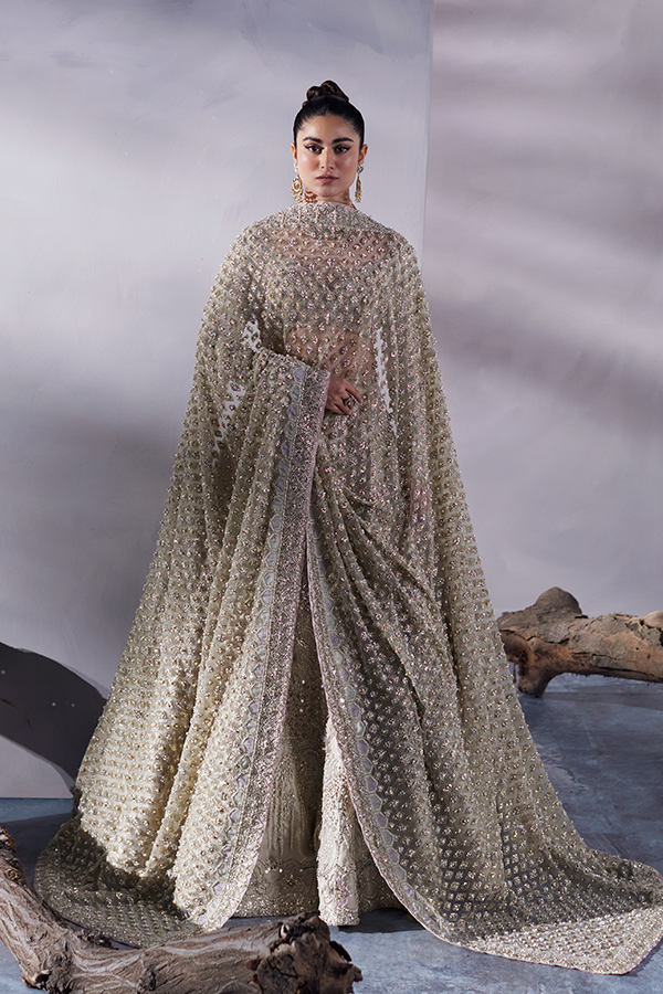 Off-White Embroidered Tissue Bridal Lehenga (3-Piece) - Image 5