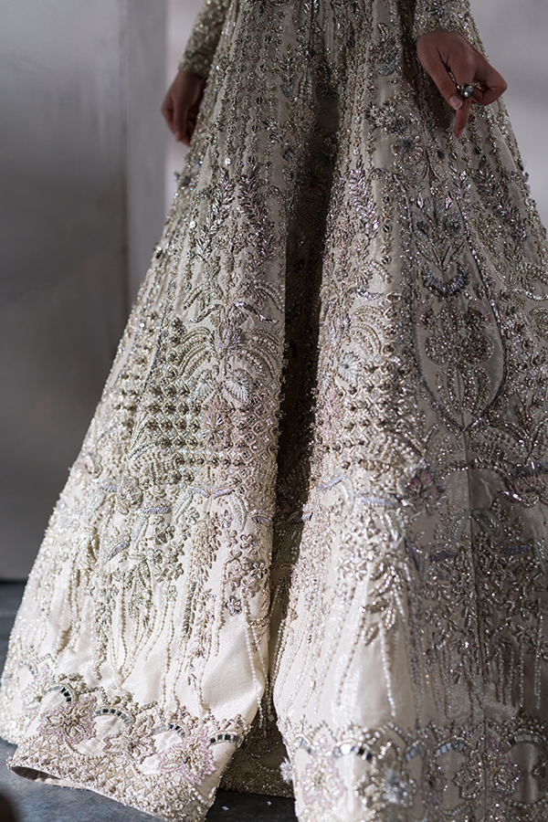 Off-White Embroidered Tissue Bridal Lehenga (3-Piece) - Image 6