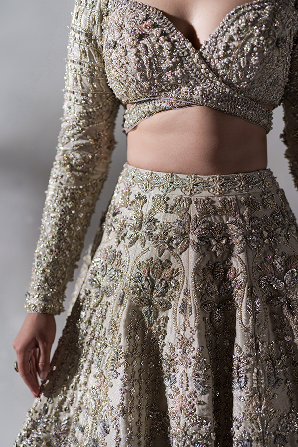 Off-White Embroidered Tissue Bridal Lehenga (3-Piece) - Image 7