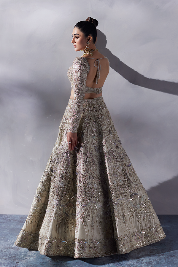 Off-White Embroidered Tissue Bridal Lehenga (3-Piece) - Image 8