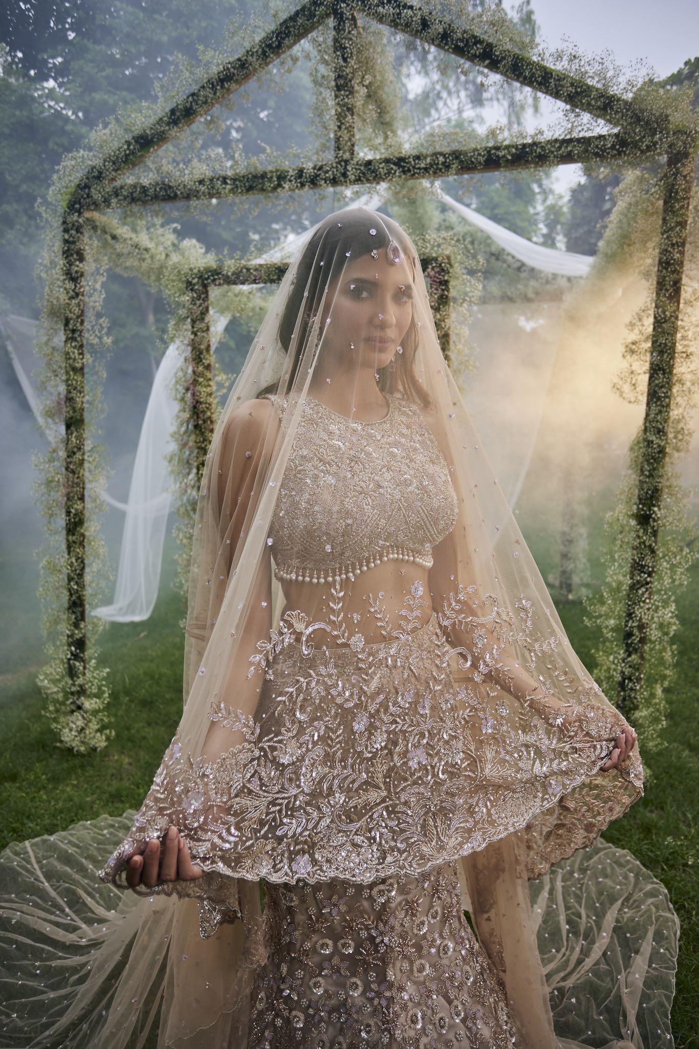 Ivory Embroidered Tulle Fish Cut Lehenga (3-Piece) - Image 2