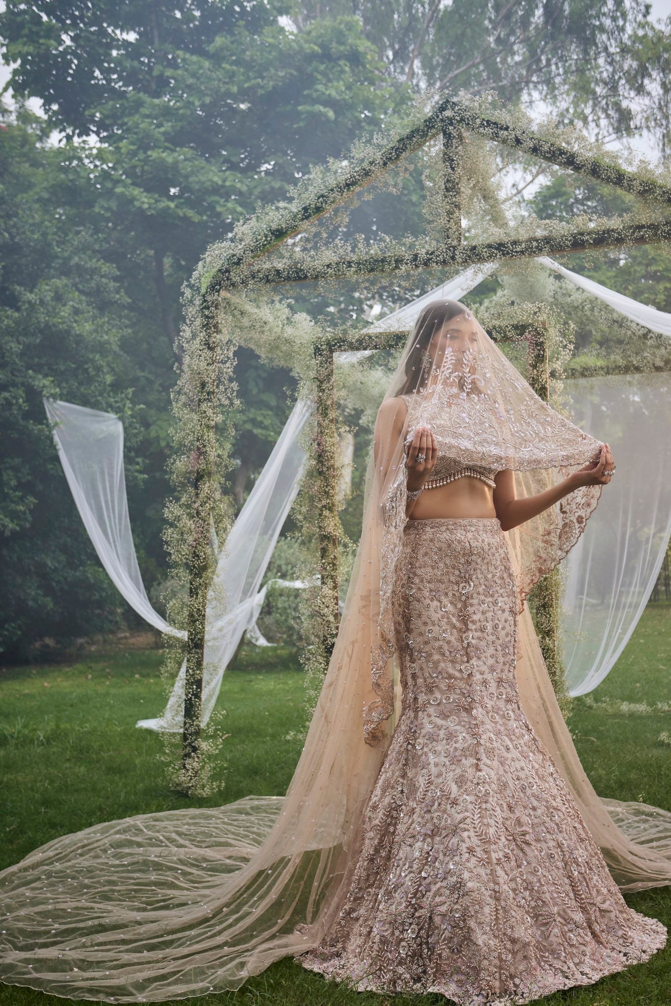 Ivory Embroidered Tulle Fish Cut Lehenga (3-Piece) - Image 3