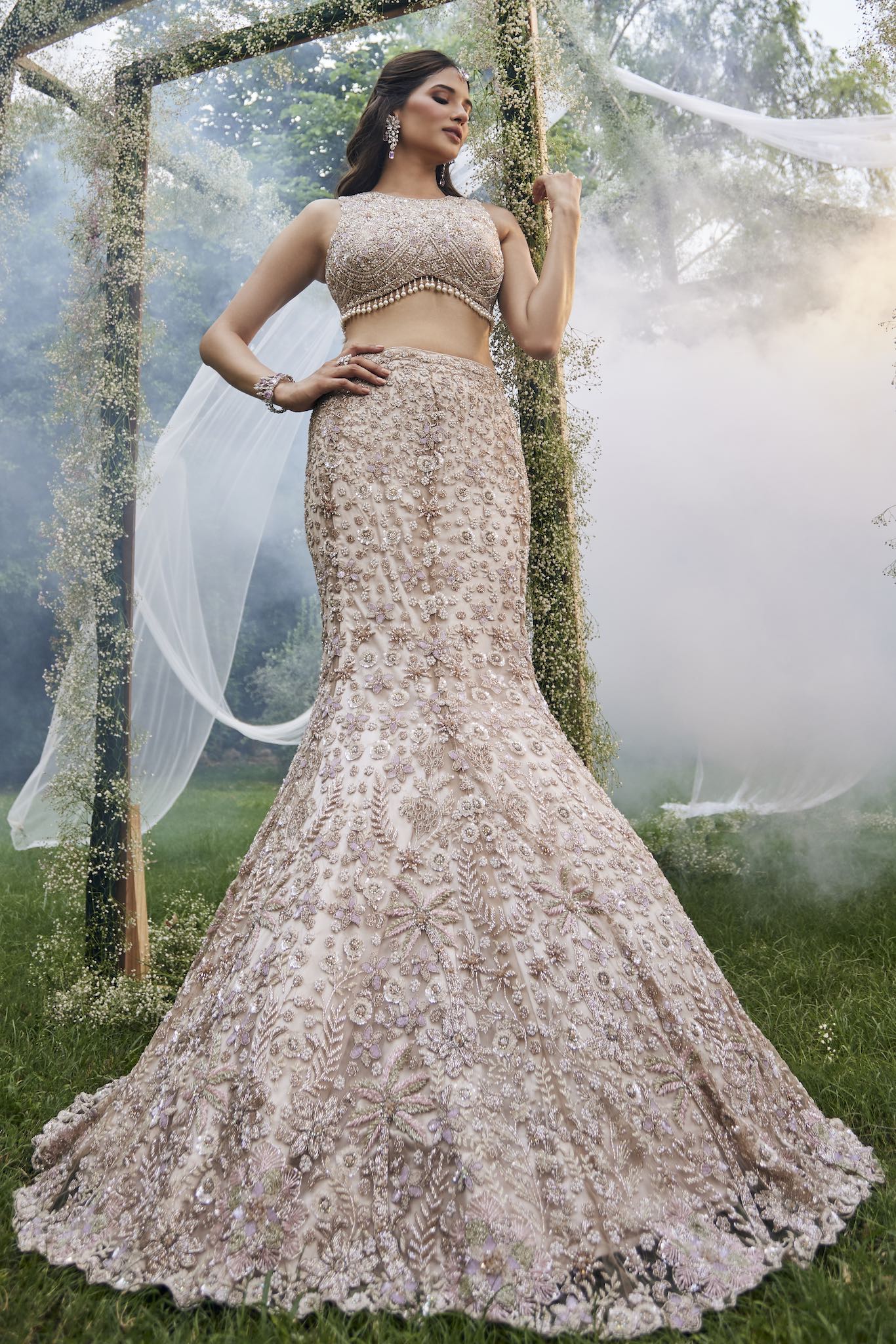 Ivory Embroidered Tulle Fish Cut Lehenga (3-Piece) - Image 4